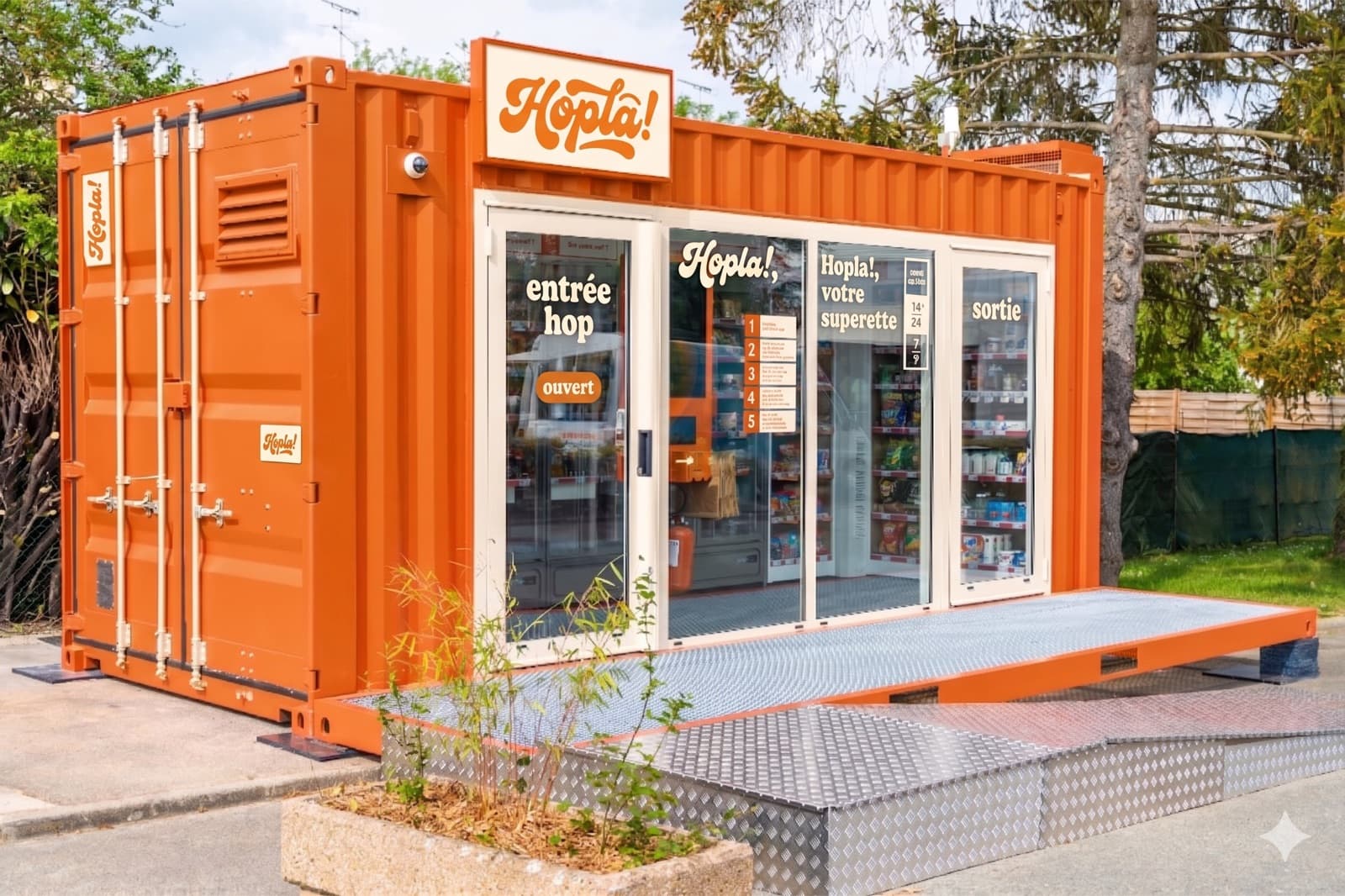 Le container Hopla! orange installe dans un village
